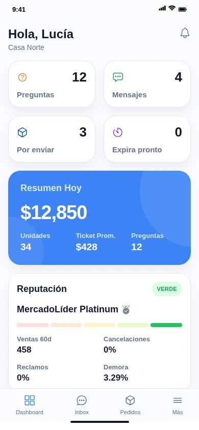 Dashboard móvil de MeliBoost con pendientes, resumen de ventas y reputación