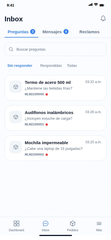 Inbox móvil con preguntas pendientes de tus publicaciones
