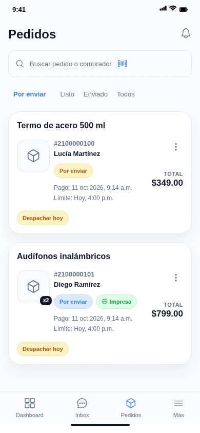 Pedidos en la app de MeliBoost, con comprador, importe y límite de despacho