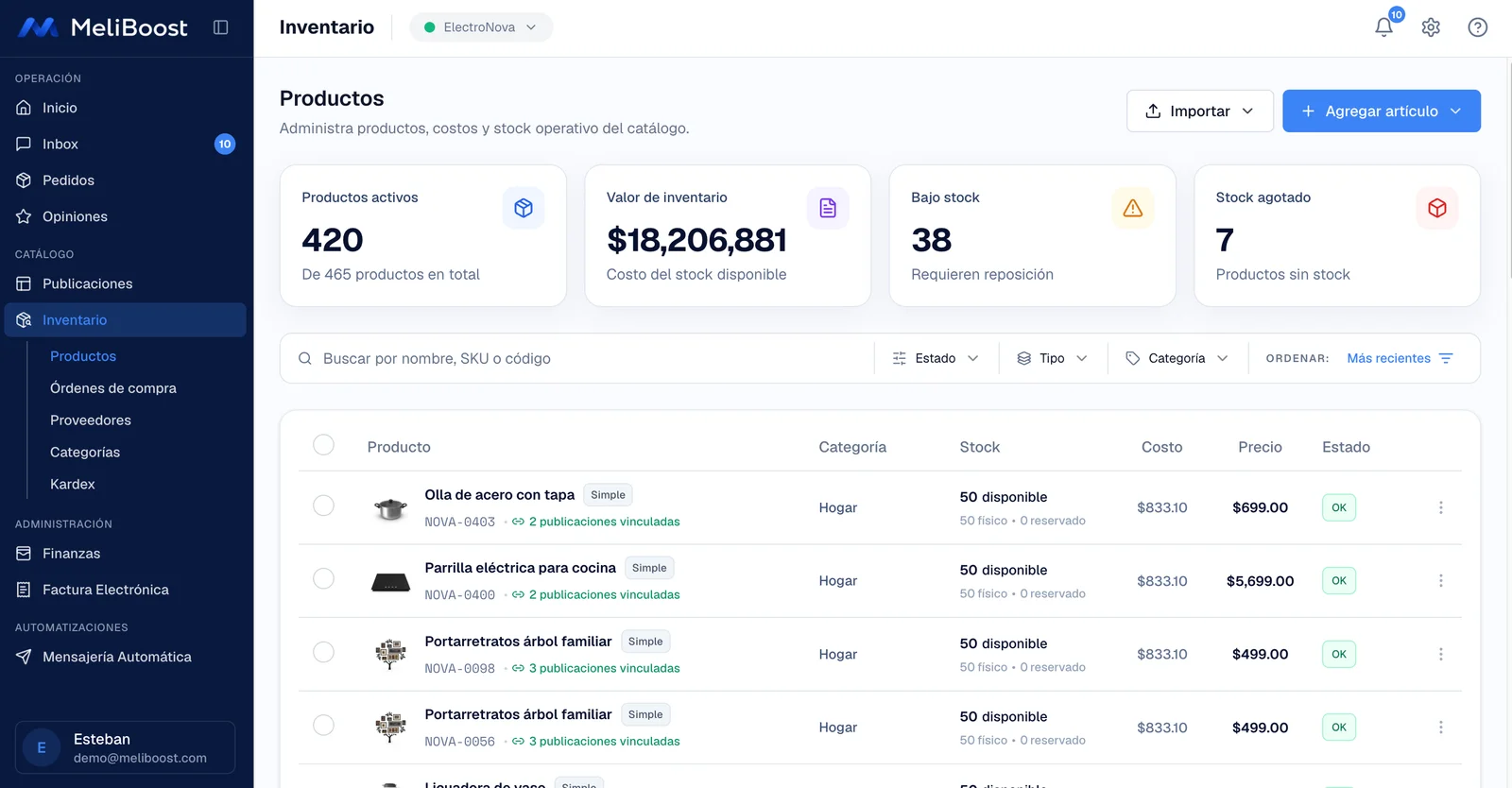 Pantalla real de Inventario en MeliBoost: resumen de productos, valor de existencias, bajo stock, agotados y catálogo con stock, costos y publicaciones vinculadas.
