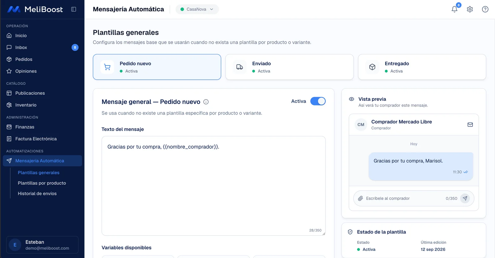 Pantalla real de MeliBoost: plantillas de Pedido nuevo, Enviado y Entregado, editor con variables, vista previa para el comprador y estado de la plantilla.