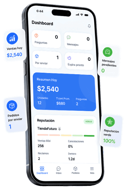 Aplicación móvil de MeliBoost para monitorear ventas, pedidos, mensajes y reputación de Mercado Libre desde el celular.