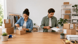 Dos personas gestionando paquetes y envíos en oficina moderna.