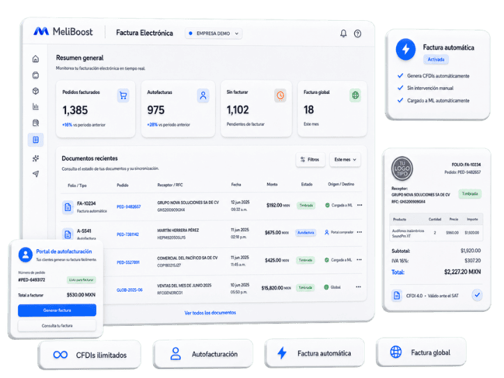 Pantalla de MeliBoost mostrando facturas electrónicas y funciones de autogestión.