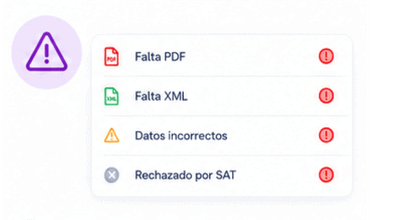 Pantalla de errores en MeliBoost con avisos de PDF, XML y datos incorrectos.