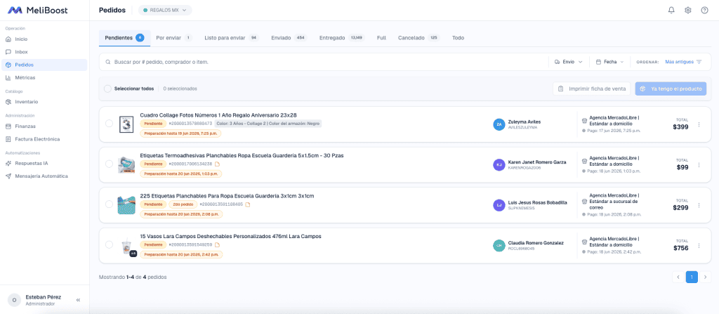 Módulo de pedidos de MeliBoost con órdenes pendientes, datos de comprador, envío y preparación para vendedores de Mercado Libre.