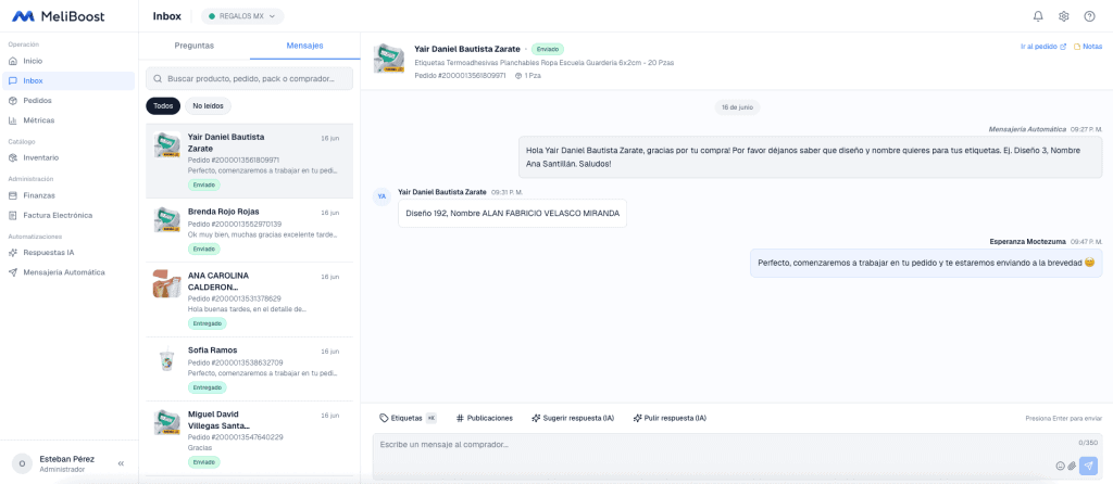 Interfaz del inbox de MeliBoost para gestionar mensajes de compradores de Mercado Libre con respuestas automáticas e inteligencia artificial.