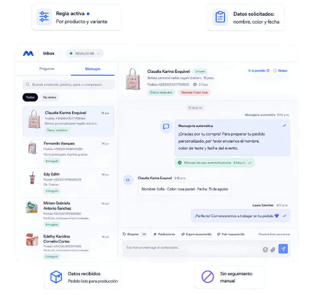 Inbox de MeliBoost enviando mensajes automáticos para pedir datos de personalización en pedidos de Mercado Libre.