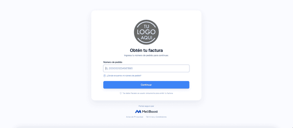 Portal de autofacturación de MeliBoost donde el comprador ingresa su número de pedido para generar su factura.