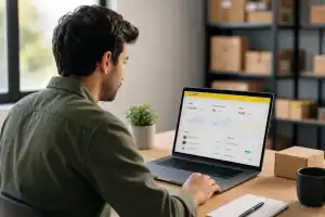 Hombre analizando gráficos en laptop para optimización de ventas en MeliBoost.