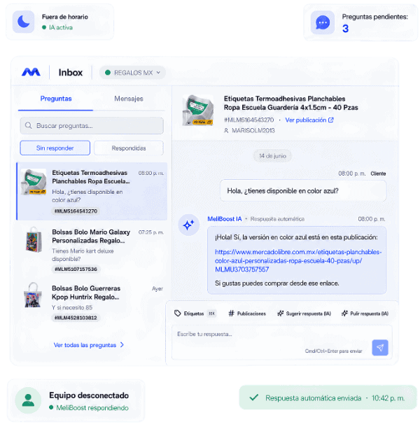 Inbox de MeliBoost respondiendo preguntas de Mercado Libre automáticamente con IA fuera de horario.